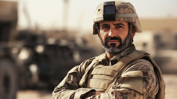 Confident Soldier in Military Uniform Outdoors. Middle Eastern Background. Concept of Strength and Protection. HighResolution Image for Print, Card, Poster photo