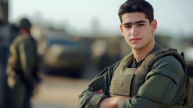 Young Israeli Male Soldier in Military Uniform, Concept of Patriotism, Defense and Duty, Outdoor Training Scenario photo