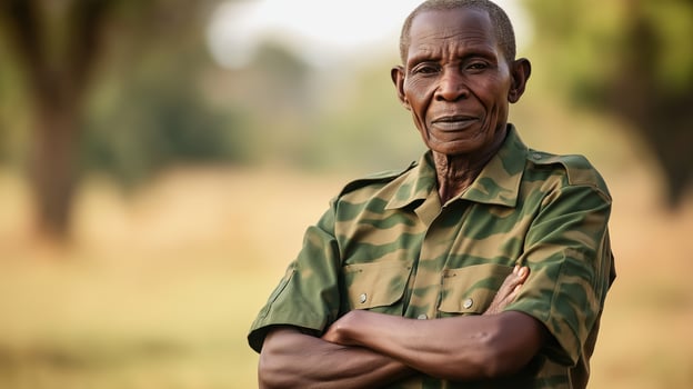 Proud Senior African Military Veteran in Uniform against Nature Background photo