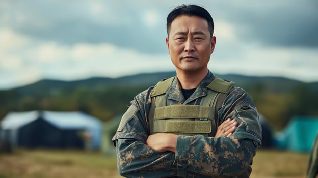 Confident MiddleAged Korean Male Soldier in Military Uniform with Arms Crossed, Outdoor Setting, Background of Tents and Hills photo