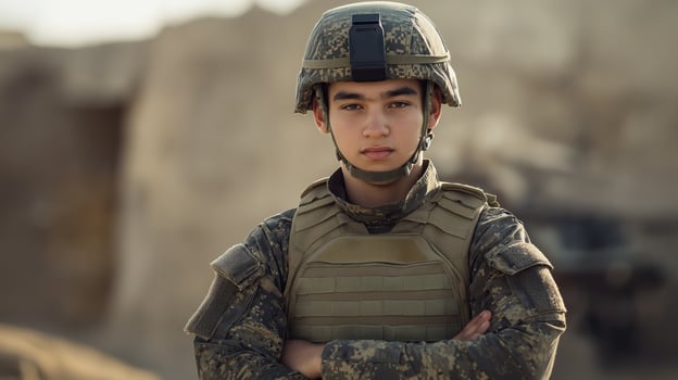 Central Asian Male Soldier in Military Uniform, Arms Crossed, Desert Background, Security and Defense Concept photo