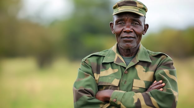 Senior African Man in Military Uniform Outdoor Portrait for Veterans Day, Heritage, and Cultural Photography photo