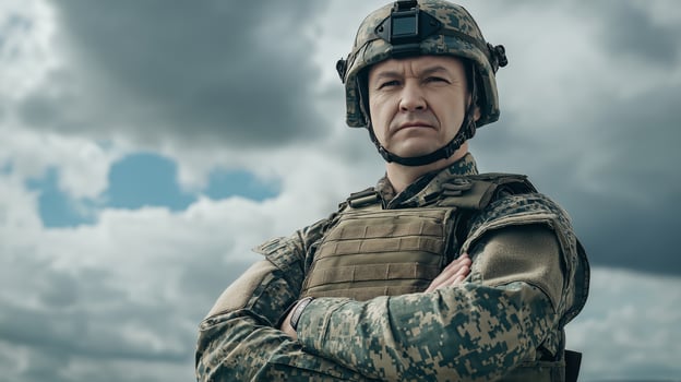 Polish Soldier Posing Under Cloudy Sky, Military Uniform, Diverse Male, Stock Photo for Print, Poster, Greeting Card Design