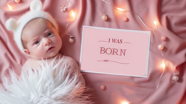 newborn on a pink background with the inscription I was born photo