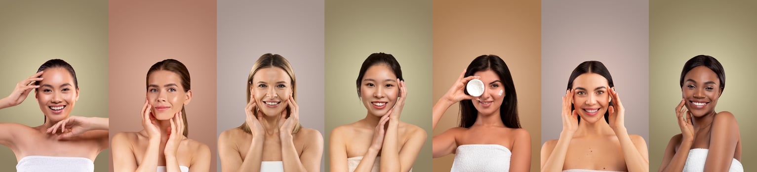 Seven multiethnic women are shown in a studio setting. Each woman is smiling and holding a skin care product, with their hands touching their face. photo