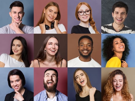Collage of different happy people. Set of male and female positive portraits. Young people smiling at camera on colorful studio backgrounds photo