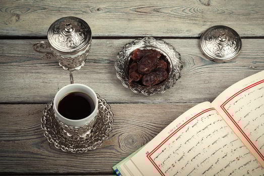 Table top view aerial image of decoration Ramadan Kareem holiday background.Flat lay photo