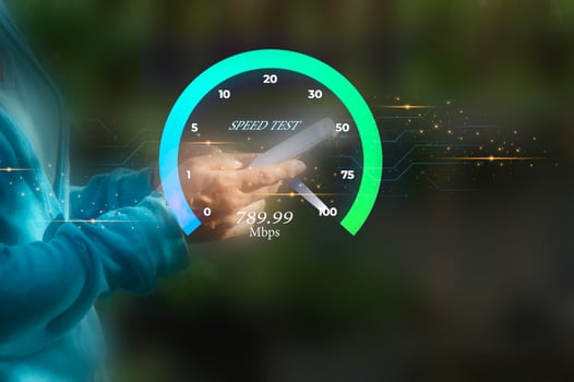 fast internet connection speedtest network bandwidth technology Man using high speed internet with smartphone and laptop computer. 5G quality, speed optimization. photo