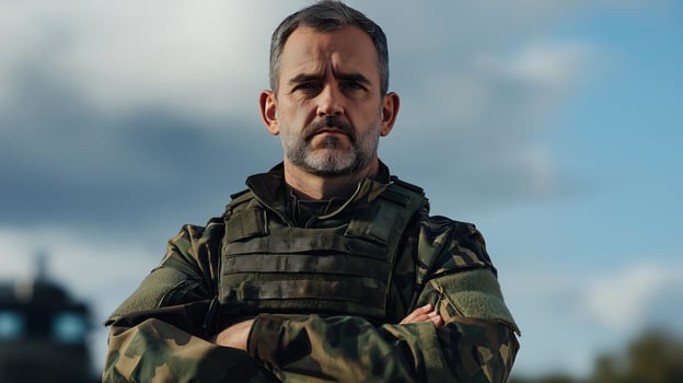 Western European Male Soldier in Camouflage Gear with Crossed Arms, Outdoor Setting, Cloudy Sky Background photo