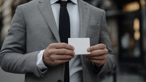 Businessman in Suit Presenting Blank Card photo