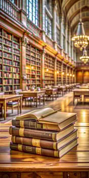Old books are lying on the table in the library. The library is filled with many books, and the atmosphere is quiet and calm. photo