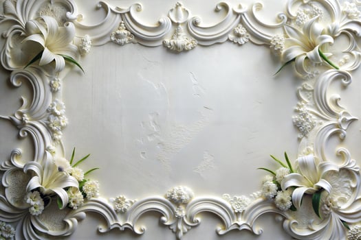 White patterned frame on white background and white lily flowers. photo