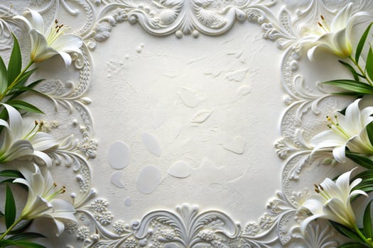 White patterned frame on white background and white lily flowers. photo