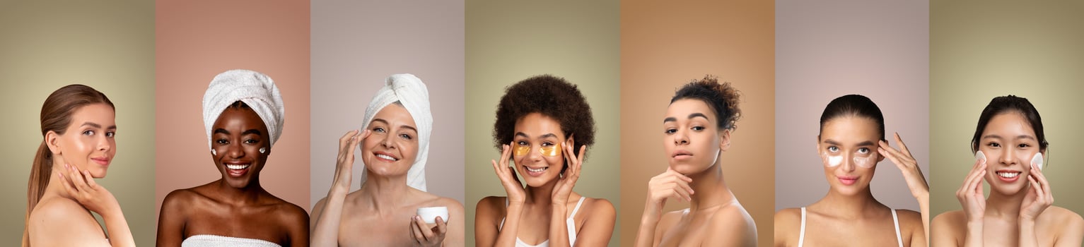 Seven multiethnic women are shown in a bathroom setting, applying various beauty products to their faces, such as face masks, creams, and under-eye patches. photo