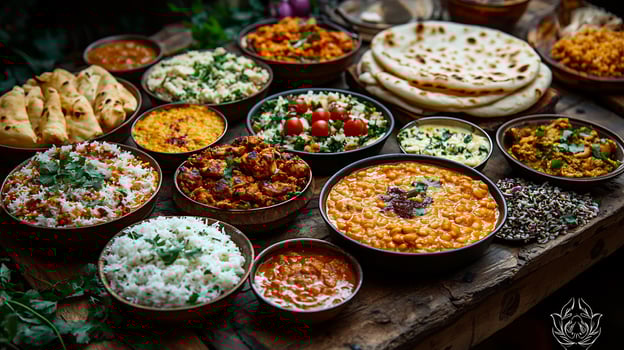 Feast of North Indian dishes including dal makhani butter chicken naan and raita on a festive table photo