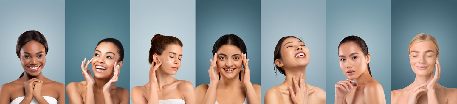 Seven diverse women are shown with bare shoulders, looking into the camera. Each woman is applying a skincare product to her face and neck, with various expressions of happiness and relaxation photo