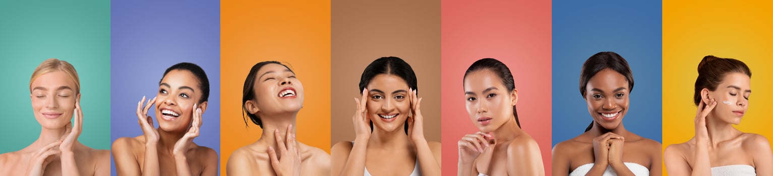 Seven multiethnic women are shown in a studio setting, each with a colorful background behind them. They are all smiling and touching their faces with their hands. photo