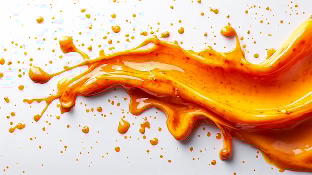 Splash of fiery habanero sauce spread across a white background showcasing its vibrant orange hue photo