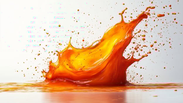 Splash of fiery habanero sauce spread across a white background showcasing its vibrant orange hue photo