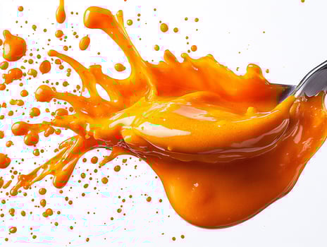 Spoonful of hot buffalo sauce splashed on a white background showing its fiery orange hue photo
