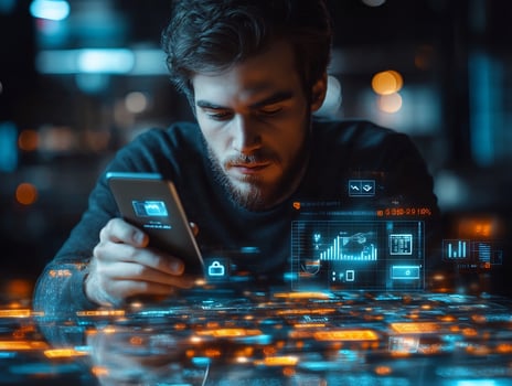 Abstract businessman using mobile phone digital wallet glowing currency icons and techinspired financial transactions Modern ebusiness and vibrant digital economy photo