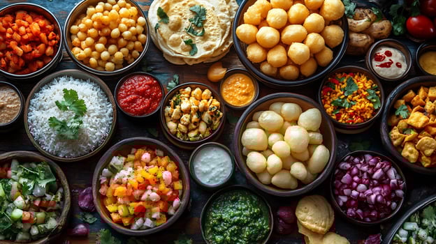 Assortment of Indian snacks like papdi chaat pani puri and dahi puri on a colorful vibrant table photo