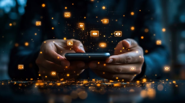 Businessman managing digital banking transactions a mobile phone with glowing currency symbols and techinspired payment icons Smart financial innovation in ebusiness photo