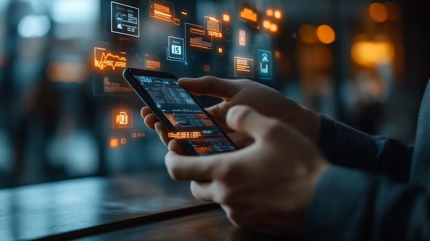 Businessman using mobile digital wallet with glowing techinspired icons currency and smart financial transactions Modern online payment and ebusiness concept photo