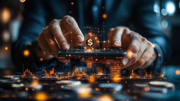 Businessman using mobile phone digital wallet with glowing currency symbols financial transaction icons and vibrant online payment technology Futuristic economy and smart banking photo