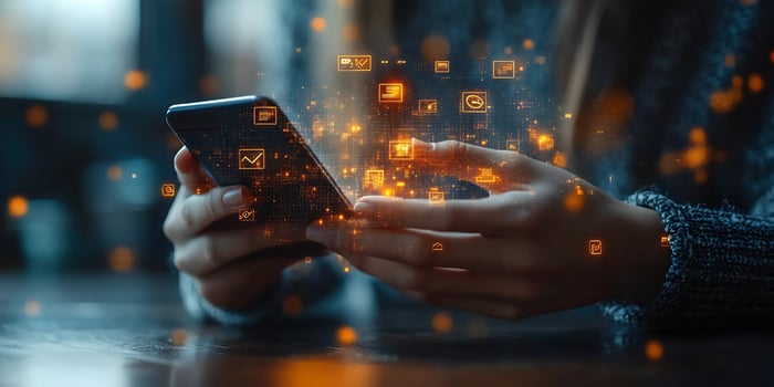 Businessman using smartphone digital wallet with glowing currency symbols and financial transaction icons Futuristic online banking and smart ebusiness innovation photo