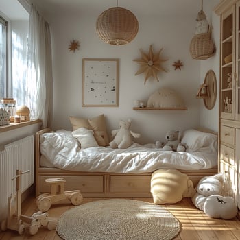 Cosy childrens bedroom white walls wooden furniture and Scandinavianstyle unisex design featuring minimal toys photo