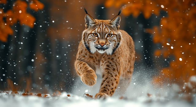 A cat is running through the snow with its tail up. The cat is brown and white photo