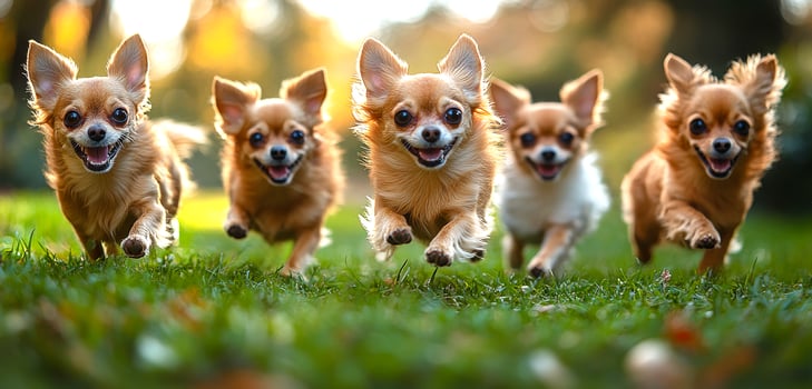 A group of five small dogs running in a field. The dogs are all brown and white. They are all running in different directions and are all smiling photo