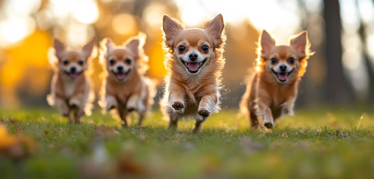 Four small dogs are running in a field. They are all brown and appear to be happy. The grass is green and the sky is blue photo
