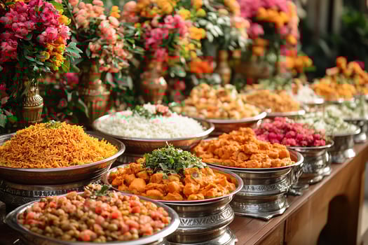 Indian wedding feast luxurious dishes including biryani curries naan and rich desserts like kheer photo
