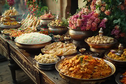 Indian wedding feast luxurious dishes including biryani curries naan and rich desserts like kheer photo