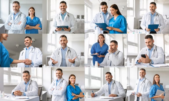 A collage of 12 photos showcasing various medical professionals working in a modern clinic. The photos feature doctors and nurses in white coats and scrubs engaged in various activities