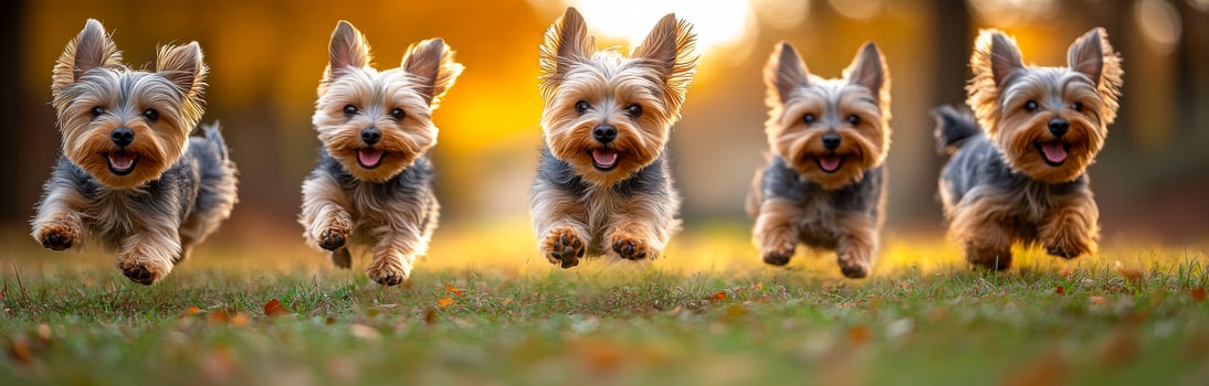 A group of five dogs are running in a field. The dogs are all smiling and seem to be enjoying themselves photo