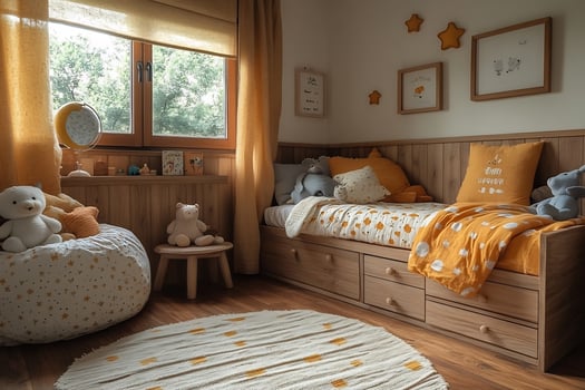 Retroinspired childrens room wooden furniture cozy Scandinavian design and minimalistic wall art photo