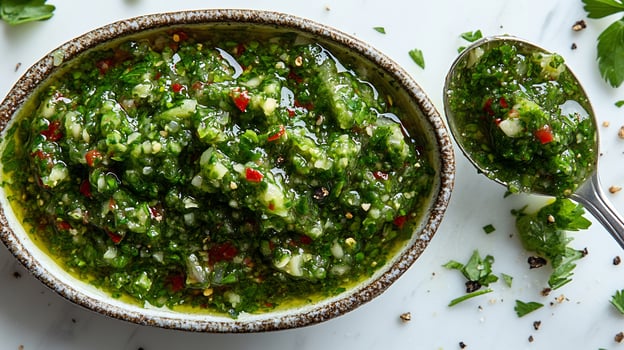 Vibrant salsa verde splattered a white background with a spoon dipping into it fresh and tangy photo
