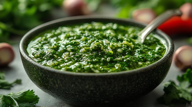Vibrant salsa verde splattered a white background with a spoon dipping into it fresh and tangy photo