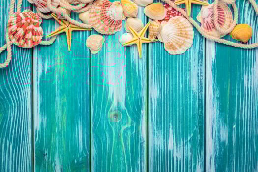 Different sea shells on color wooden background photo