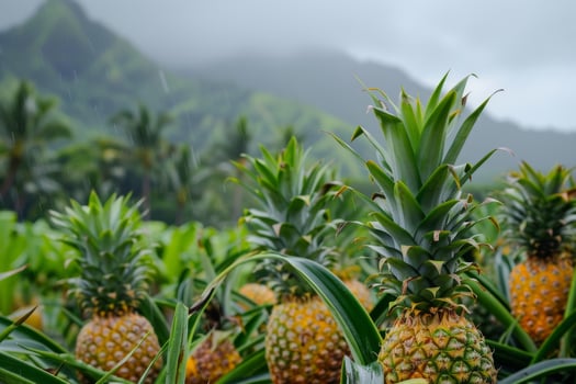 Pineapples in a field with mountains in the background photo