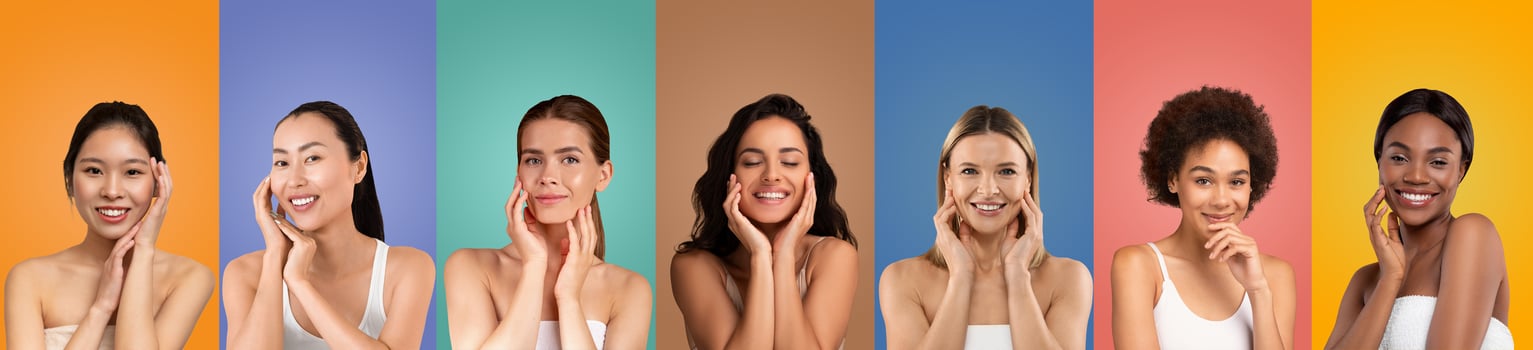 A diverse group of eight women, all smiling and touching their faces, stand in front of a background of eight different solid colors. Each woman has a different hairstyle and skin tone. photo