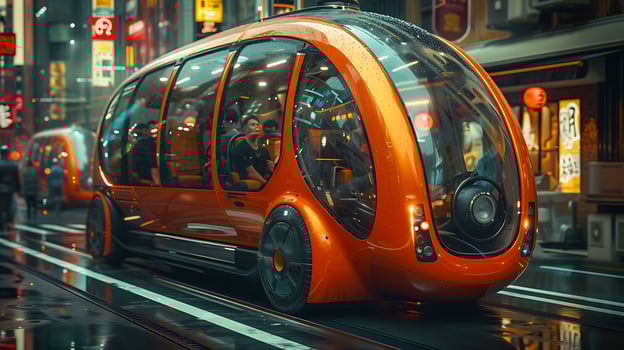 Conceptualize rickshaw evolved through millennium featuring levitation technology smooth noiseless ride through bustling futuristic city canopy house augmented reality display providing passenger photo
