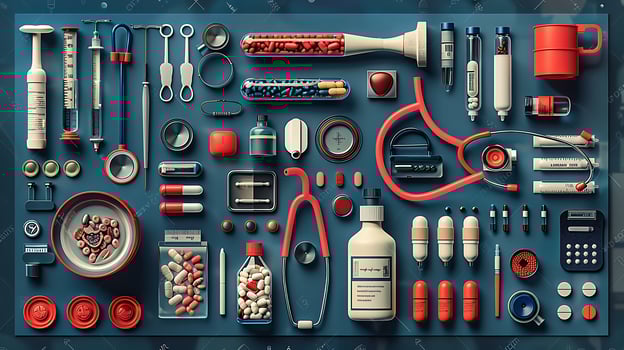 Themed set of illustrations centered around healthcare and medical practices including doctors patients and medical equipment photo