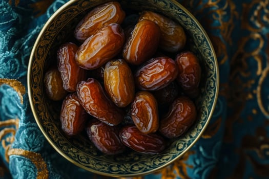 Dates in a bowl on a blue background photo