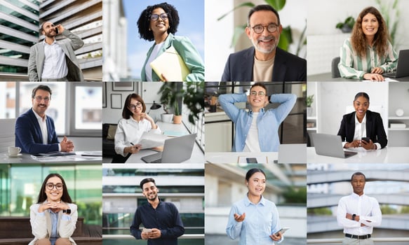 A lively assortment of professionals is depicted, showcasing collaboration, creativity, and productivity in bright and modern office environments. Individuals are engaged in discussions photo