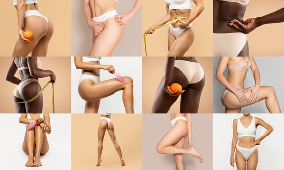 Multiracial ladies in lingerie showing various skincare routines and body measurement techniques in a collage layout. photo