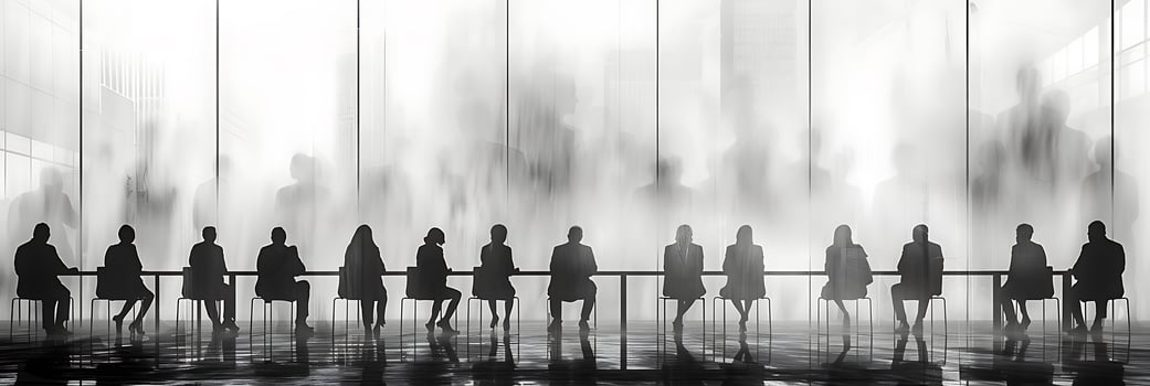 Minimalist long exposure shot of a group of executives in a boardroom meeting with subtle movements and interactions frozen in time photo
